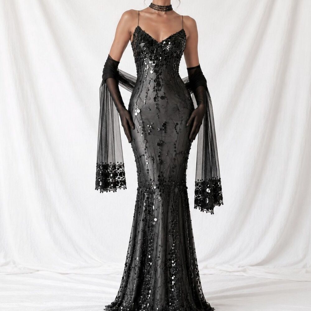 Vintage Gray Black Silk Sequin Beaded Mesh Bodycon Maxi Formal Prom Dress Size S